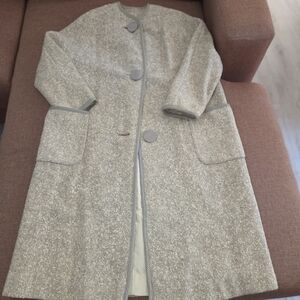 Vtg Womens Wool Blend Soft Oatmeal Textured Tweed Minimalist Swing Coat Large